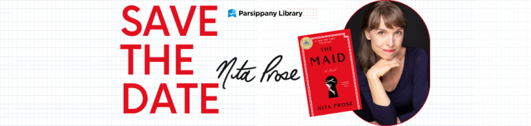 Promotional blog post graphic for an event with author Nita Prose at Parsippany Library, featuring her photo, the book cover of "The Maid," and event details.